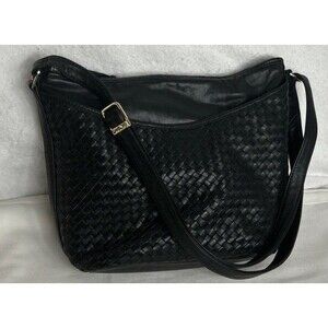 Vtg Ganson Black Woven Leather Shoulder Bag Handbag Gold Hardware Adjustable EUC